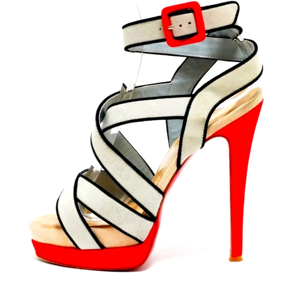 Auth CHRISTIAN LOUBOUTIN Light Gray Black Suede Womens Sandals EUR 34 1/2  US4.5